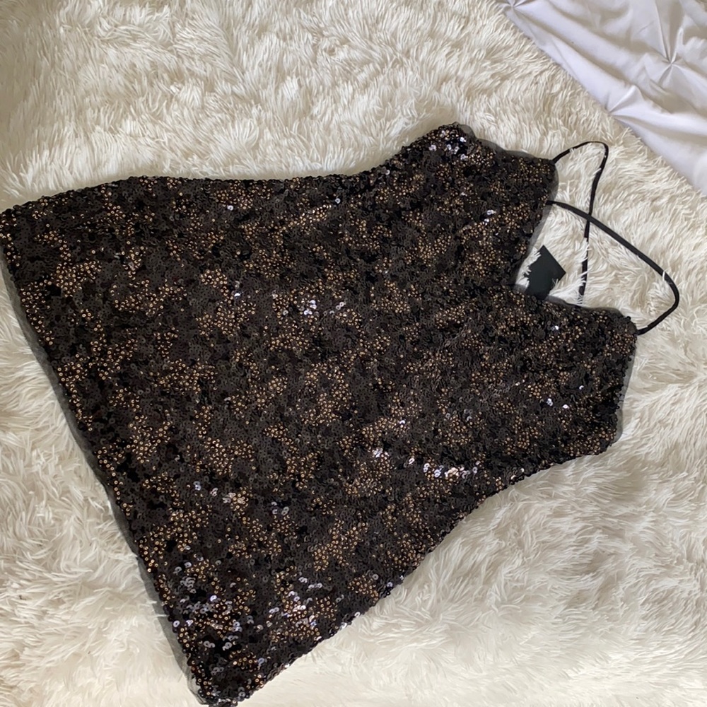 NWT SEQUIN CROSSBACK MINI DRESS W MESH DETAIL